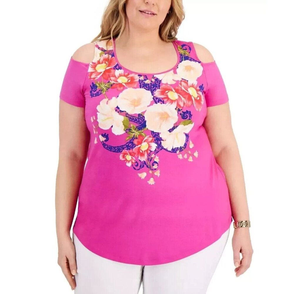 Jm Collection Women's Plus Size 3X Floral Cold-Shoulder Top Blouse PM201AFA